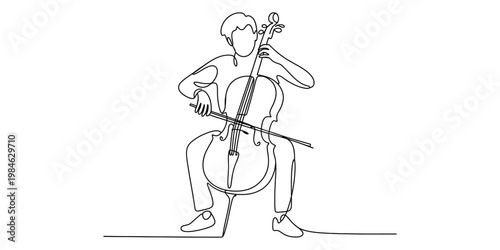 Minimalist one line art illustration of a male cellist performing on his instrument. Vector, illustration