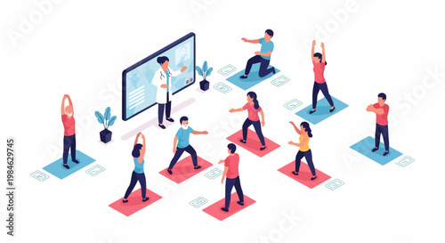 Online Physical Therapy and Fitness Class with Doctor via Large Digital Screen Isometric Illustration