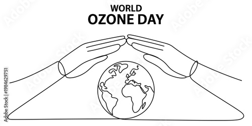 World ozone day concept with hands protecting the earth in continuous line drawing style. Vector, illustration