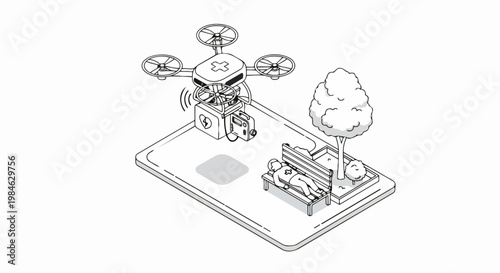 Emergency Medical Drone Delivering AED and First Aid Kit to Patient, Isometric Line Art Illustration for Healthcare Technology and Smart City App