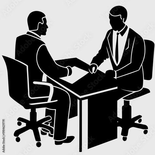 business job interview silhouette, employer and candidate talking at desk, hr manager recruitment concept isolated on white