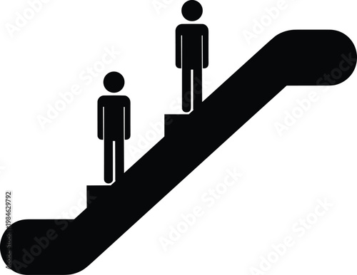 Escalator standing rules icon showing people positioning on steps, safety guidance signage for public transport, subway, airport navigation and proper passenger behavior illustration