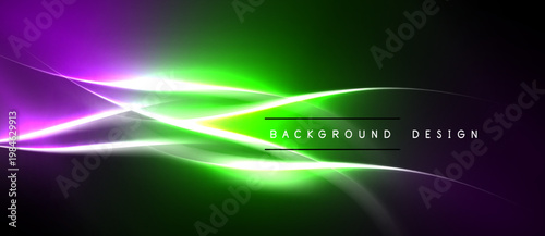Abstract vibrant lines, green purple hues. Smooth gradients create dynamic energy, modern design element. Dark background enhances luminosity.