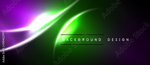 Abstract vibrant background. Green, purple hues blend smoothly. Dynamic curves create modern visual effect. Dark edges frame bright center.