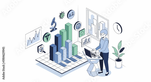 Healthcare Data Analysis and Medical Statistics Isometric Illustration featuring Woman Working on Laptop with 3D Bar Charts, Science Icons, and Viral Research Graphics