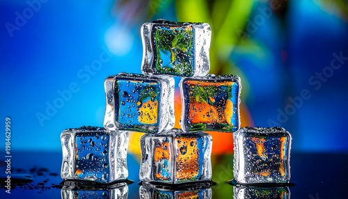 Colorful ice cubes on reflective surface.