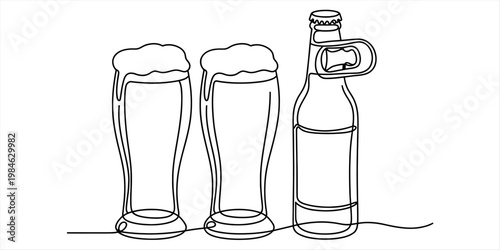 A single continuous line drawing featuring two glasses of beer and a bottle with an opener tool Vector, illustration