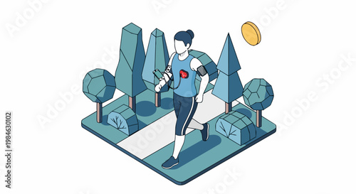 Isometric Illustration of a Woman Jogging in a Park with Heart Rate Monitor and Fitness Tracker Technology