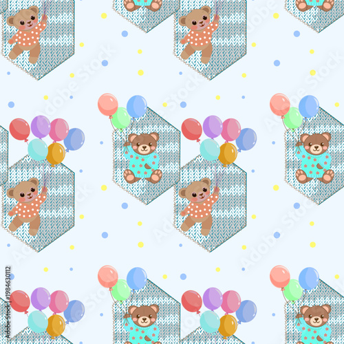 Adorable teddy bears with colorful balloons on hand-stitched knitted patches