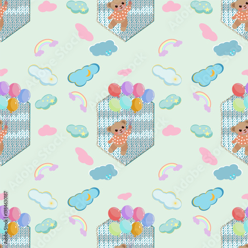 Adorable teddy bears with colorful balloons on hand-stitched knitted hexagonal patches