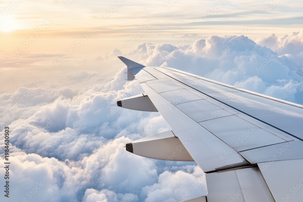 Fototapeta premium View from airplane window of wing soaring above fluffy white clouds at sunrise with golden light.