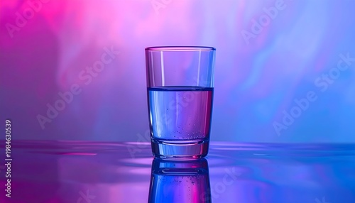 Glass of water on reflective surface with colorful background.
