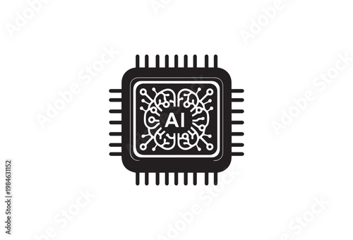 AI microchip, artificial intelligence circuit, robotic technology, black and white icon