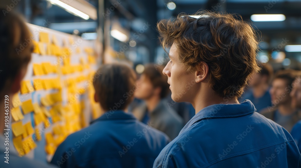 Fototapeta premium Crowd of factory floor workers in matching blue uniforms gather around a value stream mapping board covered in sticky notes during a lean production huddle, ideal for lean manufacturing, process