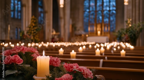 Rows of glowing candles illuminating upturned faces in a darkened nave on a winter evening, breath visible in cold air, red poinsettias lining stone pillars throughout, perfect for Christmas eve