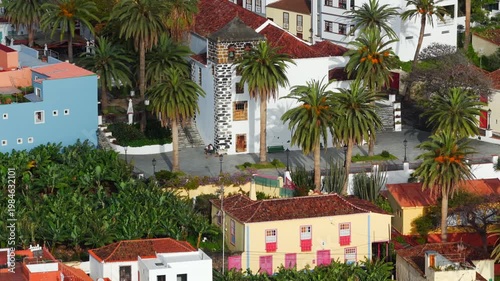 Aerial view of the village San Andreas and Banana Palantations of the Coast of La Palma Canary Islandfs at Sunrise