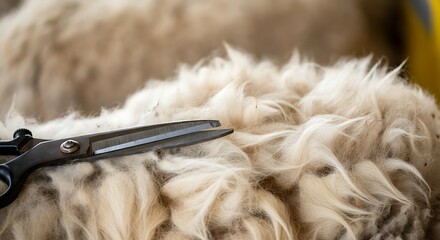 Texture of a wool shear, sharp metallic edge, soft wool background, livestock maintenance concept