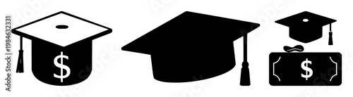 Scholarship money icon set with solid black icon on white background featuring scholarship, money, icon with black and white