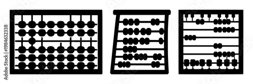 Abacus icon set with solid black shapes featuring counting, calculation, mathematics with education and learning