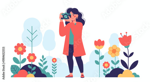 Woman taking photos in a garden.