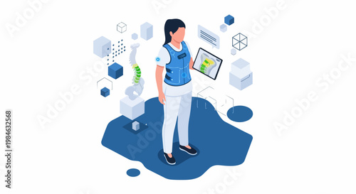 Isometric Medical Technology Illustration of Woman Wearing Smart Spine Rehabilitation Vest and Tablet for Digital Healthcare Analysis