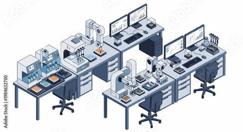 Isometric Automated Laboratory with Robotic Arms and Data Analysis Workstations