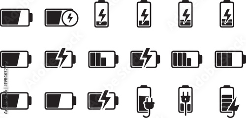 Battery icons, low power symbols, charging signs, battery status indicators, vector graphics