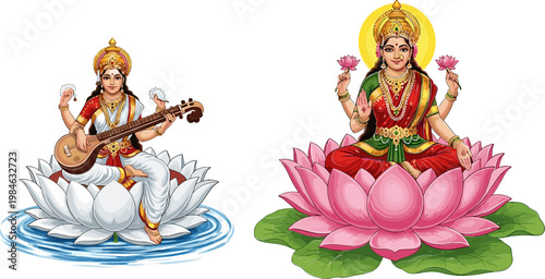 Hindu Goddess Icon Set with Saraswati Playing Veena and Lakshmi with Lotus for Spiritual, Cultural, and Religious Design