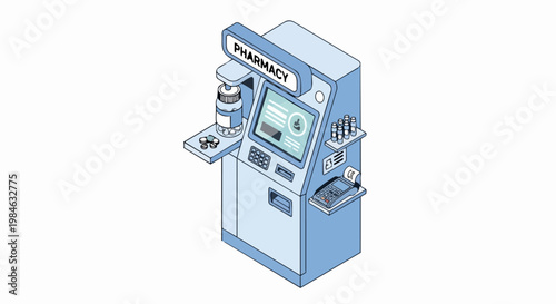 Automated Pharmacy Kiosk, Isometric Medical Vending Machine for Prescriptions and Digital Healthcare Services