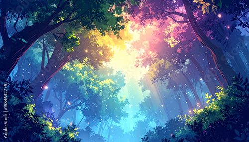 Radiant forest glade beneath colorful sunbeams amid drifting sparkles. Mystical grove opening framed by vibrant leaves under airy fog. Celestial woodland vista suited adventure poster branding