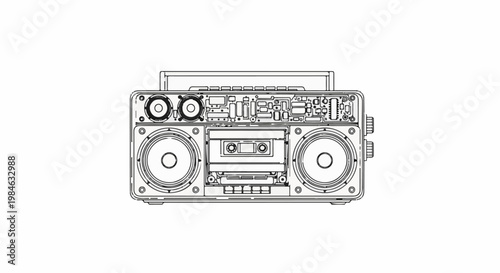 Stylized line art of a vintage portable cassette player with speakers