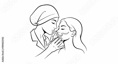 Stylized line art shows a beautician applying makeup to a client's face