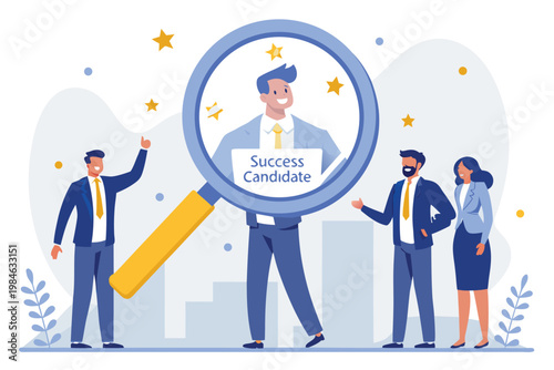 A group of business professionals selecting a successful job candidate with a magnifying glass