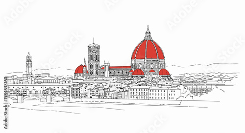 Stylized line art sketch of a European city skyline with a domed cathedral and bridge