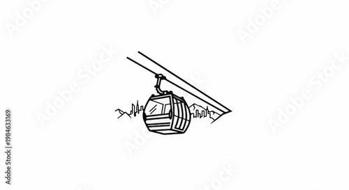 Stylized line drawing of a cable car traveling over a city and mountain landscape
