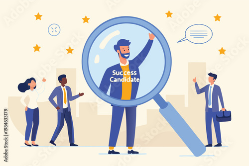 A cartoon illustration of a successful job candidate being highlighted by a magnifying glass