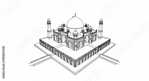 Stylized line drawing of a grand, domed structure with minarets and reflecting pools