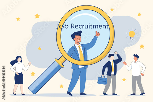 A cartoon illustration of job recruitment with a magnifying glass and people