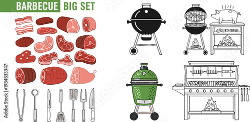 Barbecue Grill Set with Meat Cuts, Grilling Tools, and BBQ Equipment for Cooking, Outdoor, and Party Design
