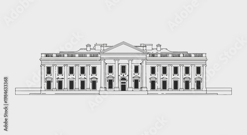 Stylized line drawing of a neoclassical building with columns and windows