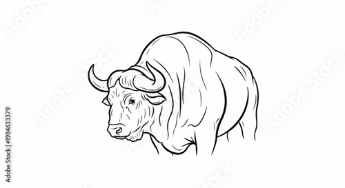 Stylized line drawing of a powerful bull with curved horns and muscular build