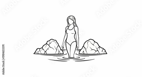 Stylized line drawing of a person in a swimsuit standing in water between rocks
