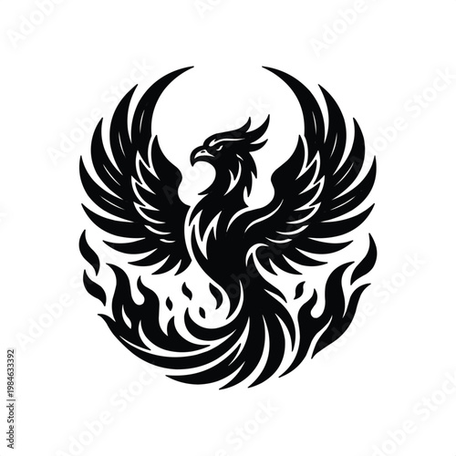 Black silhouette of a phoenix bird with wings spread and flames around it