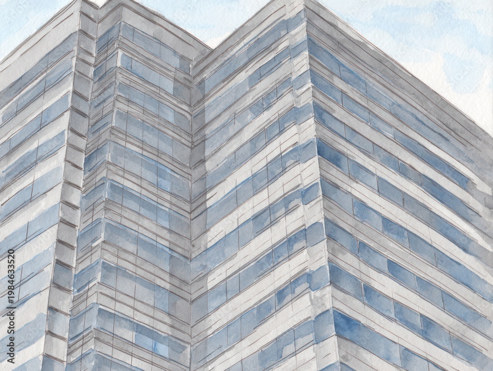 Fototapeta premium Watercolor painting of a towering modern skyscraper against a pale blue sky