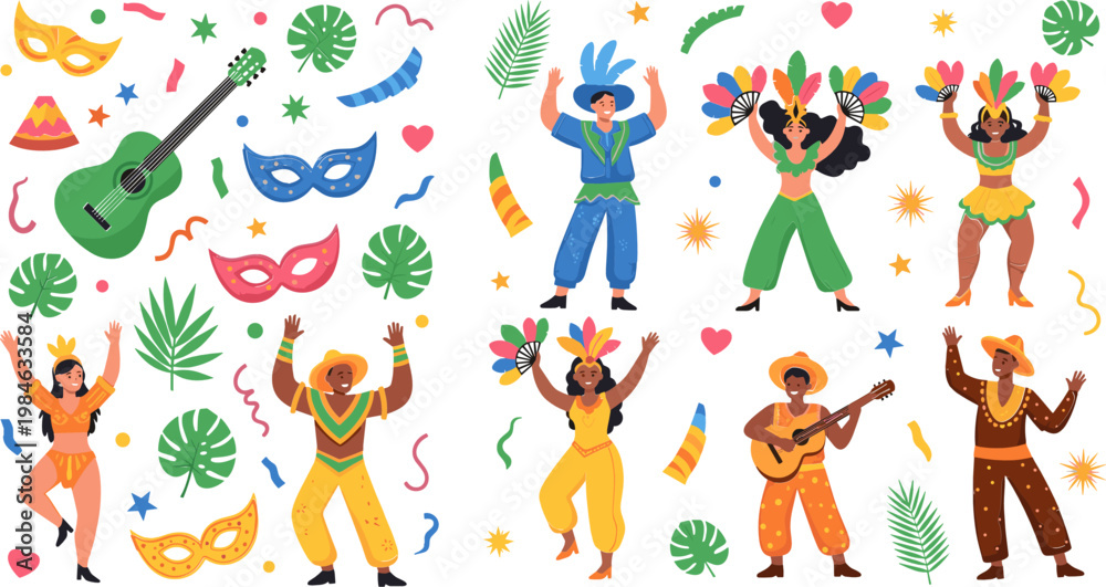 Fototapeta premium Carnival and Dance Celebration Icon Set with Musicians, Dancers, Masks, and Tropical Decorations for Festival, Music, and Cultural Design