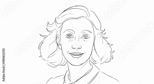 Stylized line drawing of a young woman with curly hair and a friendly smile