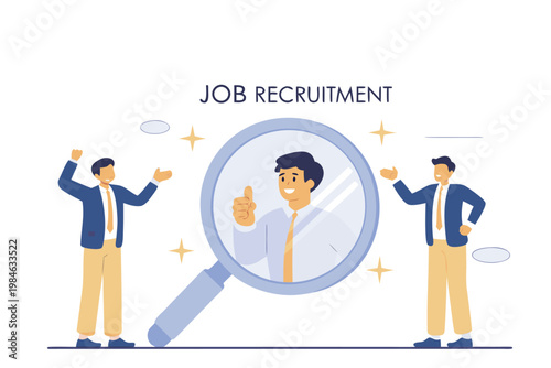 A cartoon illustration of job recruitment with a magnifying glass and two businessmen