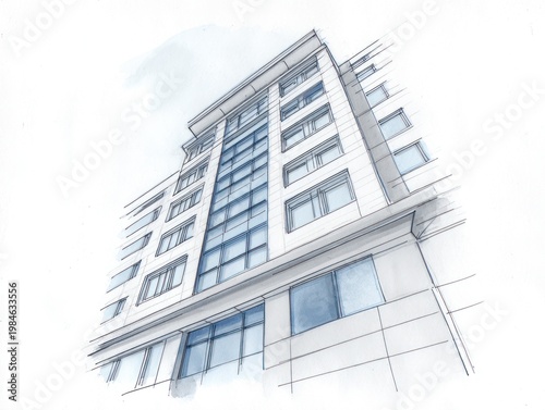 Perspective illustration of a modern, multi-story building, upward view towards the sky