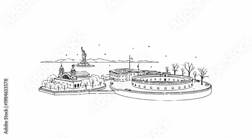 Stylized line drawing of buildings, a statue on a distant island, and barren trees