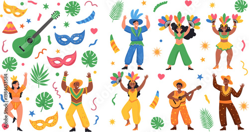 Carnival and Dance Celebration Icon Set with Musicians, Dancers, Masks, and Tropical Decorations for Festival, Music, and Cultural Design